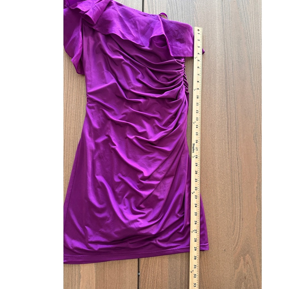 Adrianna Papell Purple One Shoulder Ruched Silk Ruffle Cocktail Mini Dress - Picture 2 of 9